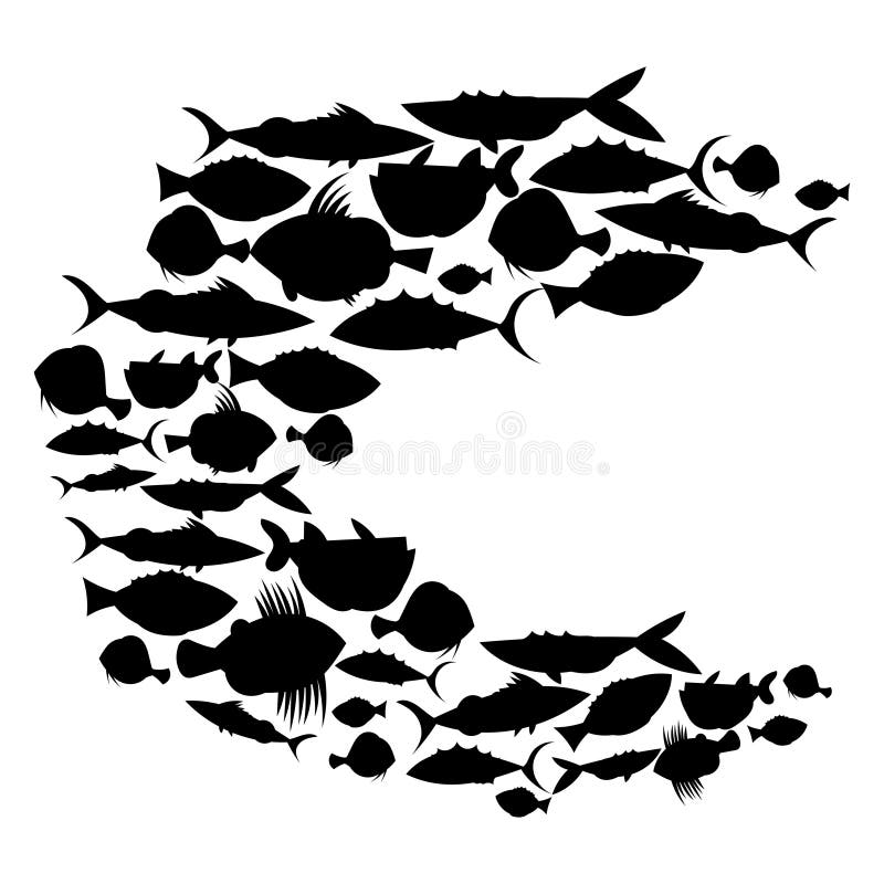 Silhouettes of Groups of Sea Fishes. Colony of Small Fish. Icon with ...