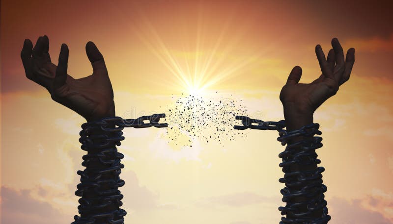 Silhouettes of hands are breaking chain. Freedom concept.