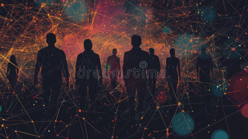 Silhouettes i abstrakt digital webb med glödande linjer och noder royaltyfria bilder