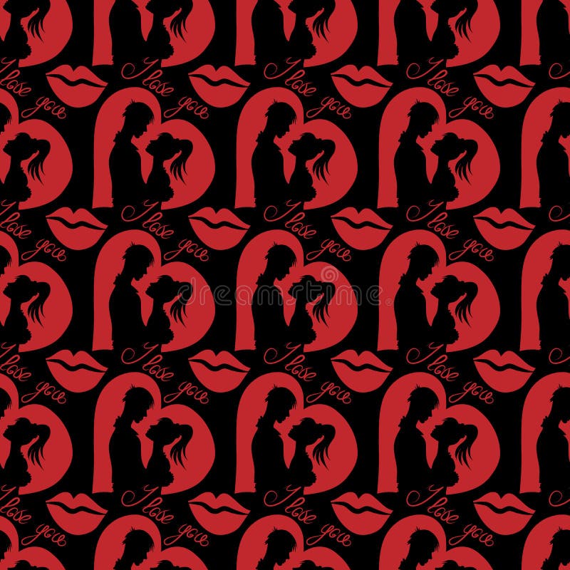 Silhouettes of lovers on the background of hearts, Valentine`s day vector illustration Silhouettes of lovers on the background of hearts, Valentine`s day vector illustration