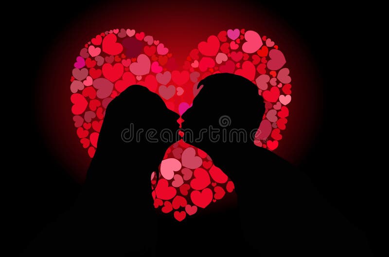 Silhouettes of lovers kissing