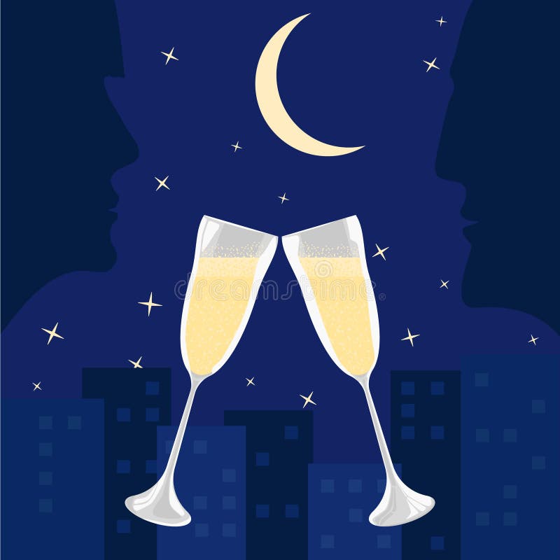 Silhouettes Of A Man And A Woman Against The Night Sky In The Light Of The Moon And Stars. Festive Glasses With Champagne