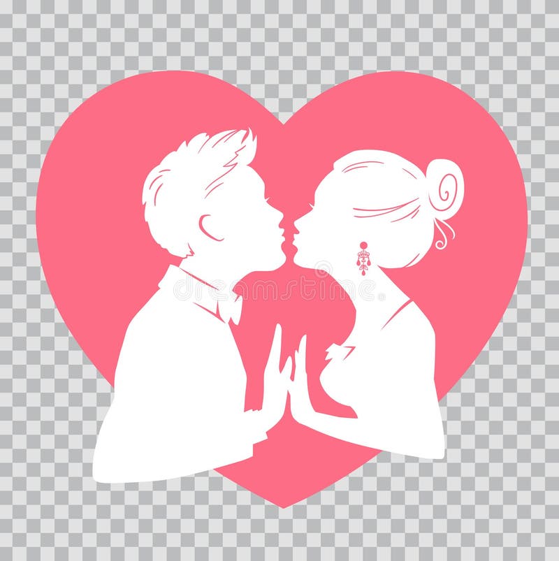 Man and woman kissing on background of red heart.Silhouettes man and woman on transparent background for Valentines Day.