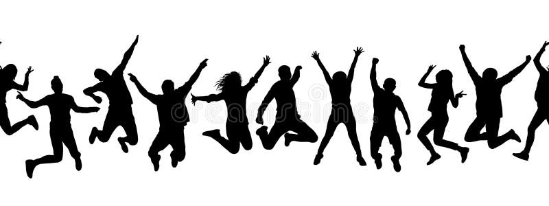 Silhouettes of many different jumping people, seamless pattern. Isolated on white background