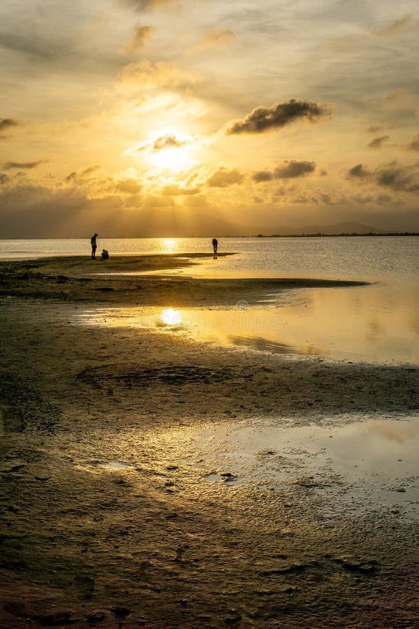 Silhouettes of unrecognizable people on the beach at sunset with the calm sea stock photos Silhouettes of unrecognizable people on the beach at sunset with the calm sea stock photos