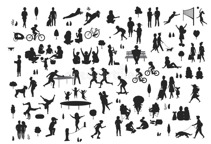Silhouettes of people in the city park scenes set, men women children make sport, walk, at picnic, relaxing, celebrating