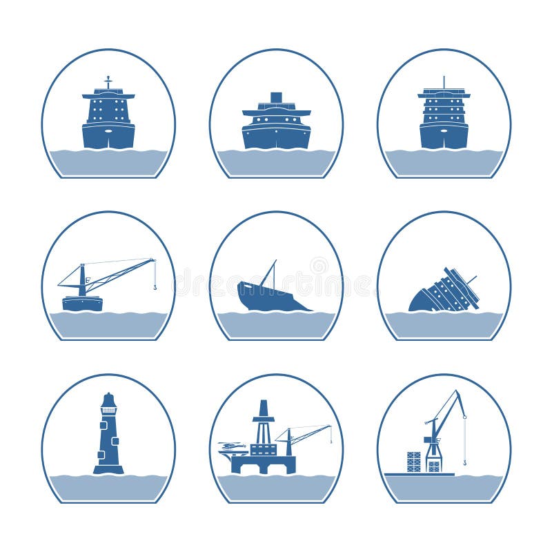 Silhouettes of ships and marine structures