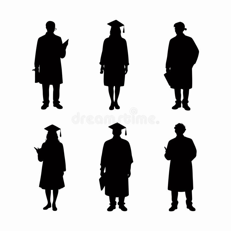 Silhouettes of six graduates wearing caps and gowns are arranged in two rows against a plain background royalty free illustration