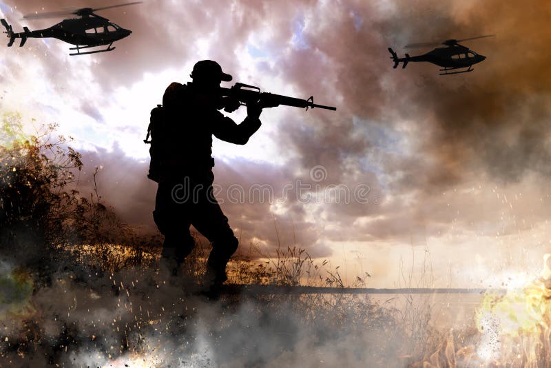 Silhouettes of soldier and helicopters in combat zone. Military