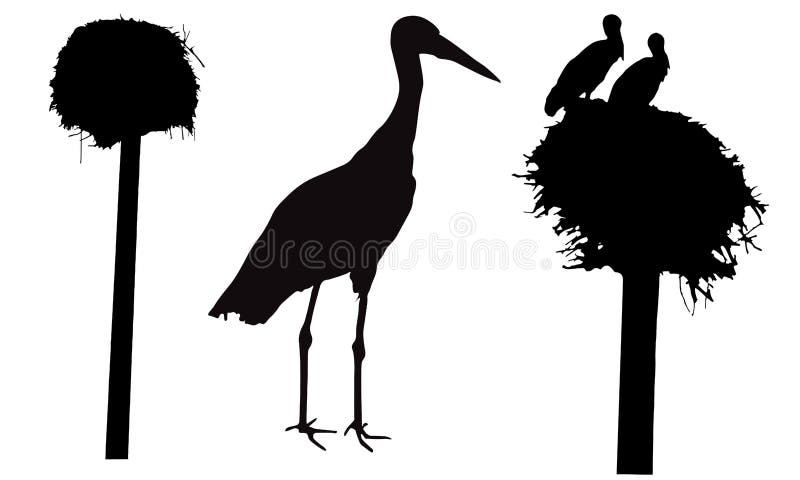 Silhouettes of stork bird, nest, set. Vector illustration