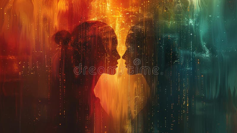 Silhouettes of two faces merging in a vibrant digital matrix. Conceptual art representing virtual connection and futuristic vector illustration
