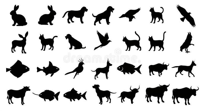 Silhouettes of various animals arranged in rows on a white background. Includes stock illustration