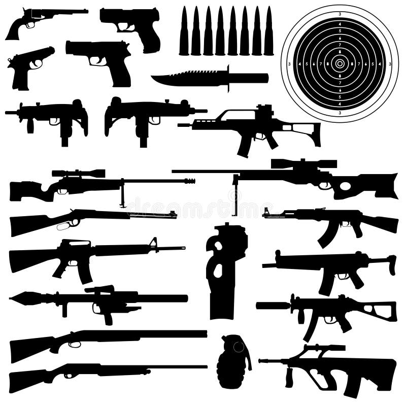 Siluety zbraní, zbrane, ciele, odrážky, granate a Nože vo veľmi Vysokou podrobností.