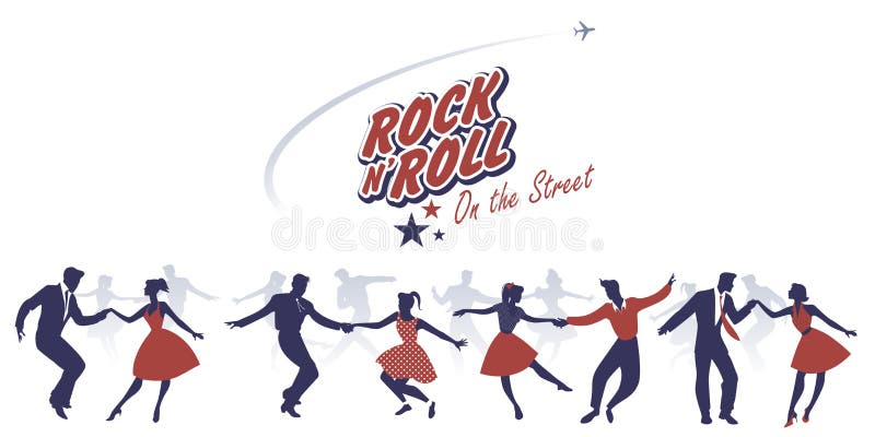 Silhouettes of young couples wearing 50`s clothes dancing rock and roll. Vector Illustration