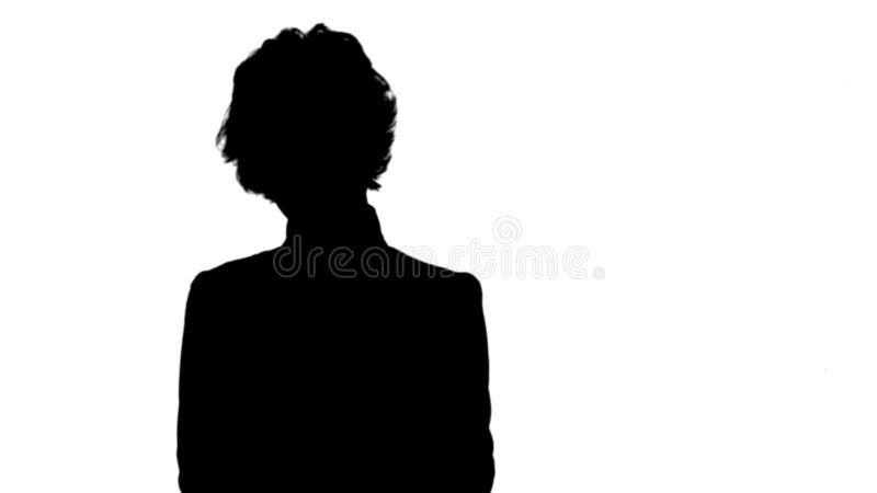 Silhouettez la jeune belle femme d'affaires dans un costume, en souriant, heureux, en travaillant avec un comprimé, écrivant une photographie stock libre de droits Silhouettez la jeune belle femme d'affaires dans un costume, en souriant, heureux, en travaillant avec un comprimé, écrivant une photographie stock libre de droits