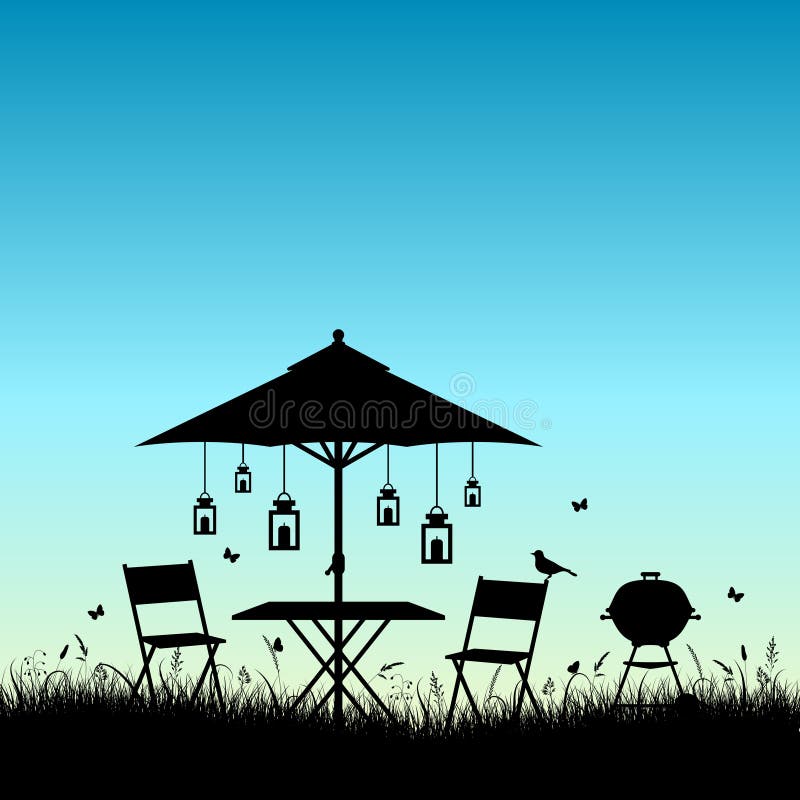 Silhouettez le bleu de lever de soleil ou de crépuscule de jardin d'été illustration stock Silhouettez le bleu de lever de soleil ou de crépuscule de jardin d'été illustration stock