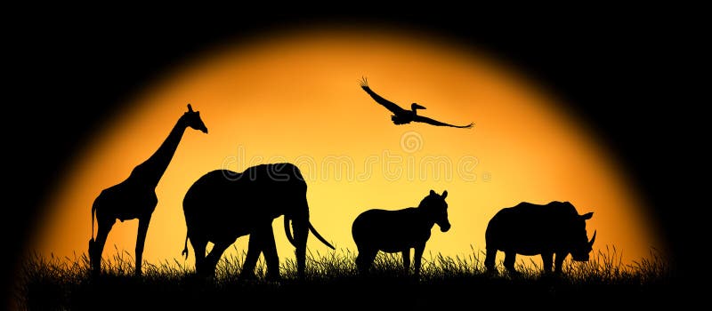 Silhouettieren Sie afrikanische Tiere auf dem Hintergrund des Sonnenuntergangs