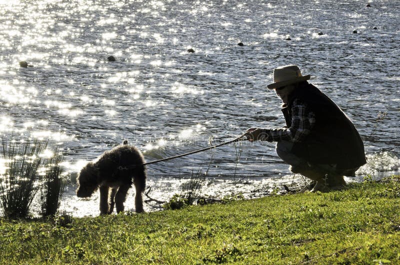 Silhouetvrouw & huisdierenhond die door meer lopen royalty-vrije stock fotografie Silhouetvrouw & huisdierenhond die door meer lopen royalty-vrije stock fotografie