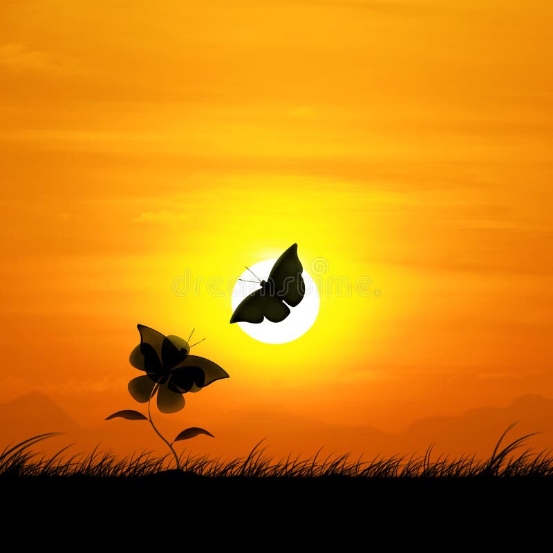 Silhueta, borboletas e flores contra um por do sol bonito do contexto ilustração do vetor
