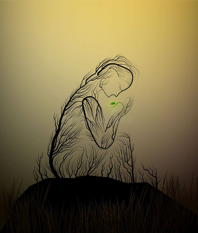 A silhueta como uma mulher no deserto, árvore da árvore olha como uma mulher que guarda as últimas folhas verdes, seca e árvore, ilustração do vetor A silhueta como uma mulher no deserto, árvore da árvore olha como uma mulher que guarda as últimas folhas verdes, seca e árvore, ilustração do vetor