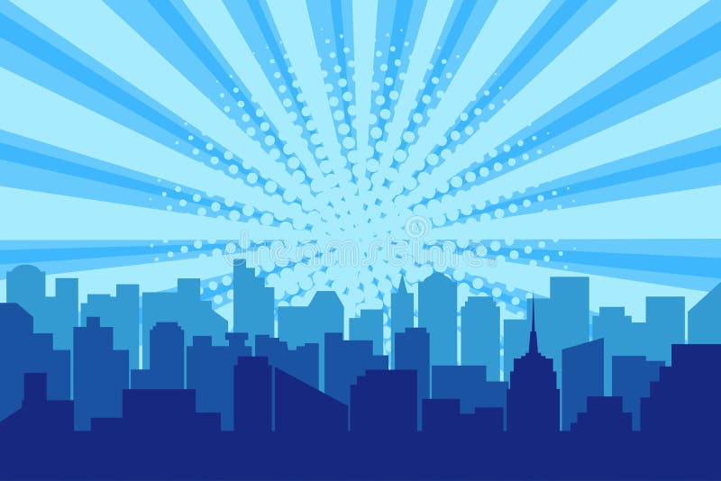 Silhueta cômica da cidade com fundo de intervalo mínimo dos raios do sol Arquitetura da cidade do pop art em cores azuis com cont ilustração royalty free Silhueta cômica da cidade com fundo de intervalo mínimo dos raios do sol Arquitetura da cidade do pop art em cores azuis com cont ilustração royalty free