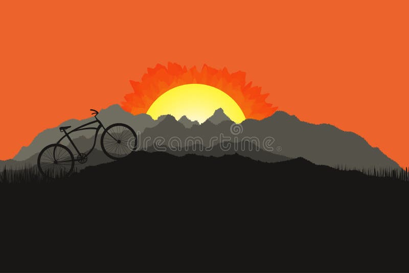 Silhueta da bicicleta na paisagem da natureza da montanha Por do sol bonito ilustração do vetor