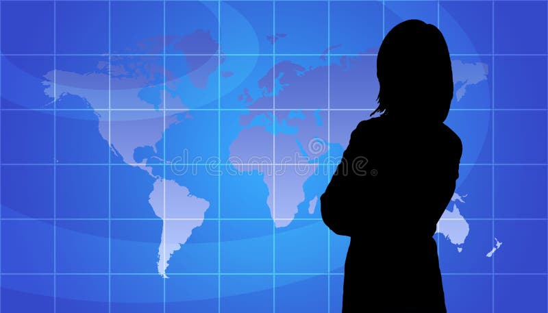 Silhueta da mulher de negócio, fundo do mapa de mundo ilustração do vetor Silhueta da mulher de negócio, fundo do mapa de mundo ilustração do vetor