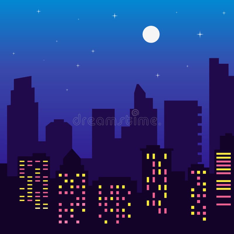 Silhueta das construções com janelas coloridas, Lua cheia da noite, s ilustração royalty free Silhueta das construções com janelas coloridas, Lua cheia da noite, s ilustração royalty free