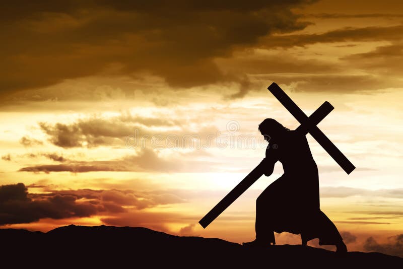 A silhueta de Jesus leva sua cruz