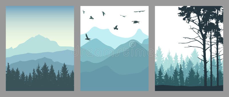 Silhouette of coniferous forest, mountains and flying birds. Set of vertical posters. Beautiful landscape, nature. Vector illustration. Silhouette of coniferous forest, mountains and flying birds. Set of vertical posters. Beautiful landscape, nature. Vector illustration.