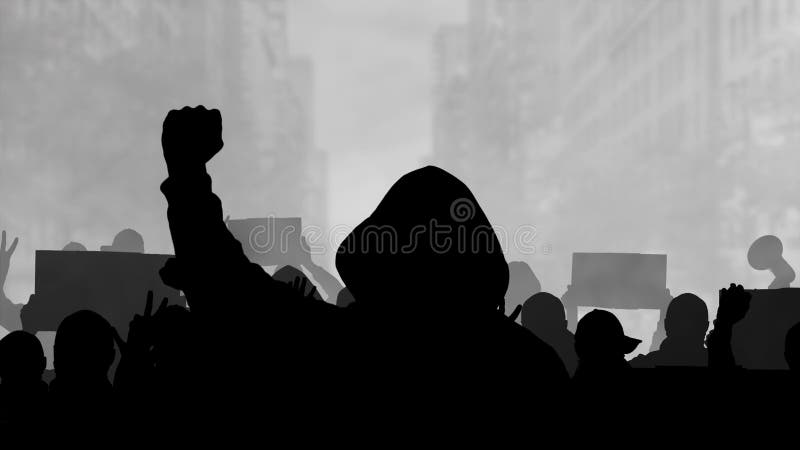 Silhueta de protesto contra a multidão no fundo da cidade. piquete social na rua urbana. defesa do racismo. pára nacional