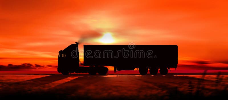 Silhouette of a truck on a highway at sunset. Silhouette of a truck on a highway at sunset