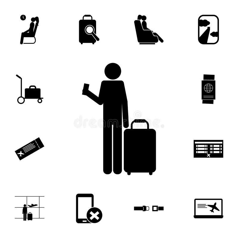 silhueta de um homem com um ícone do bilhete e da bagagem Grupo detalhado de ícones do aeroporto Sinal superior do projeto gráfic ilustração royalty free silhueta de um homem com um ícone do bilhete e da bagagem Grupo detalhado de ícones do aeroporto Sinal superior do projeto gráfic ilustração royalty free