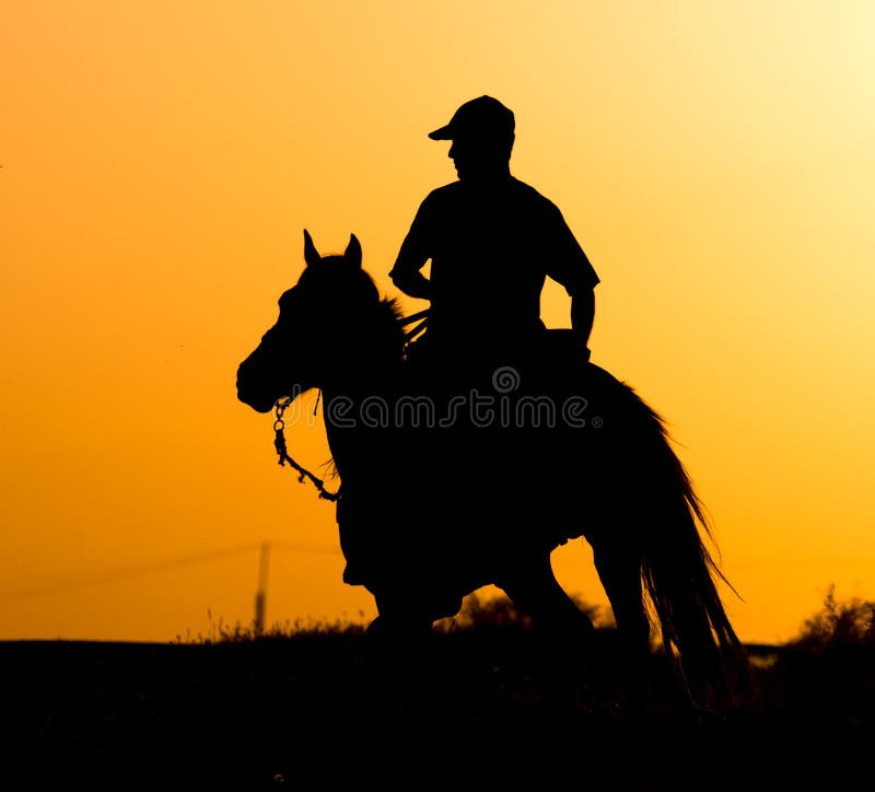 Silhueta de um homem em um cavalo no por do sol fotos de stock Silhueta de um homem em um cavalo no por do sol fotos de stock