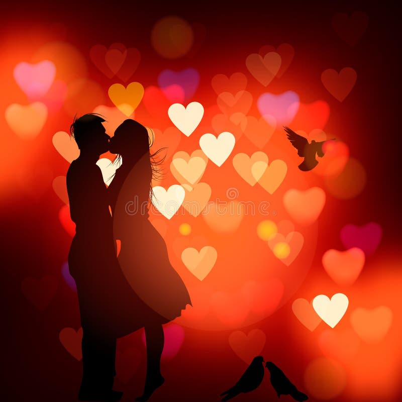 A silhueta de um par no amor que beija contra corações borrou o fundo, ilustração do vetor ilustração stock A silhueta de um par no amor que beija contra corações borrou o fundo, ilustração do vetor ilustração stock