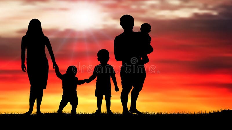 Silhueta de um por do sol bonito, vetor da família ilustração stock