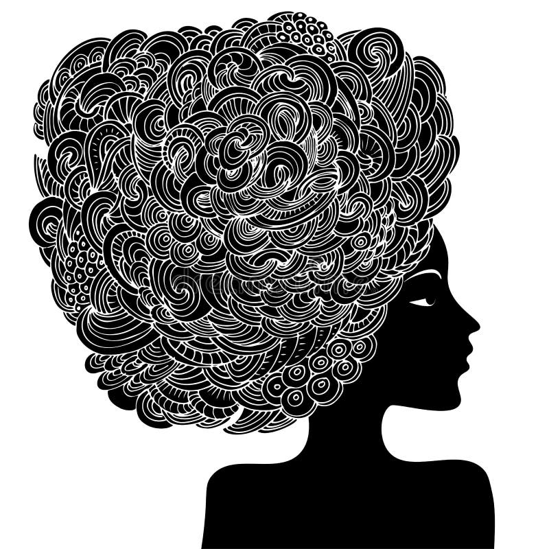 Silhueta de uma mulher bonita com cabelo encaracolado Ilustração decorativa abstrata monocromática da forma Vetor da garatuja do ilustração stock Silhueta de uma mulher bonita com cabelo encaracolado Ilustração decorativa abstrata monocromática da forma Vetor da garatuja do ilustração stock