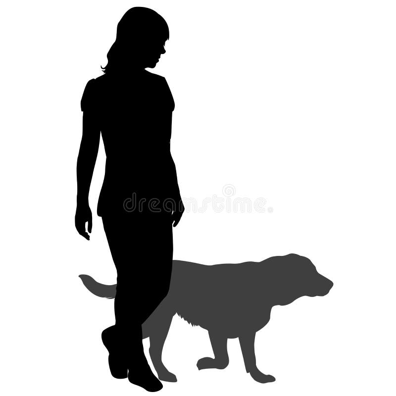 Silhueta de uma mulher com um cão em uma caminhada ilustração do vetor Silhueta de uma mulher com um cão em uma caminhada ilustração do vetor