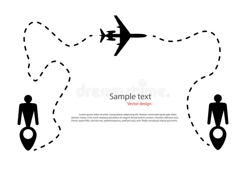A silhueta do movimento do voo dos aviões, trajetória, linha pontilhada da rota Pin do mapa sob a forma do homem dos ícones, dest ilustração stock A silhueta do movimento do voo dos aviões, trajetória, linha pontilhada da rota Pin do mapa sob a forma do homem dos ícones, dest ilustração stock