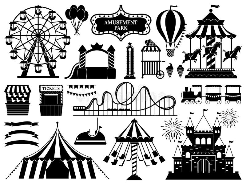 Amusement park silhouette. Carnival parks carousel attraction, fun rollercoaster and ferris wheel attractions. Amuse circus carousel, air balloon and castle. Isolated vector icons set. Amusement park silhouette. Carnival parks carousel attraction, fun rollercoaster and ferris wheel attractions. Amuse circus carousel, air balloon and castle. Isolated vector icons set