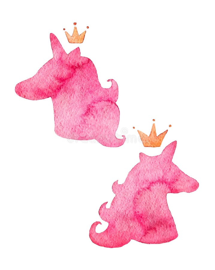 Silhueta do rosa da aquarela dos unicórnios Criatura fantástica, animal místico com coroa ilustração do vetor Silhueta do rosa da aquarela dos unicórnios Criatura fantástica, animal místico com coroa ilustração do vetor