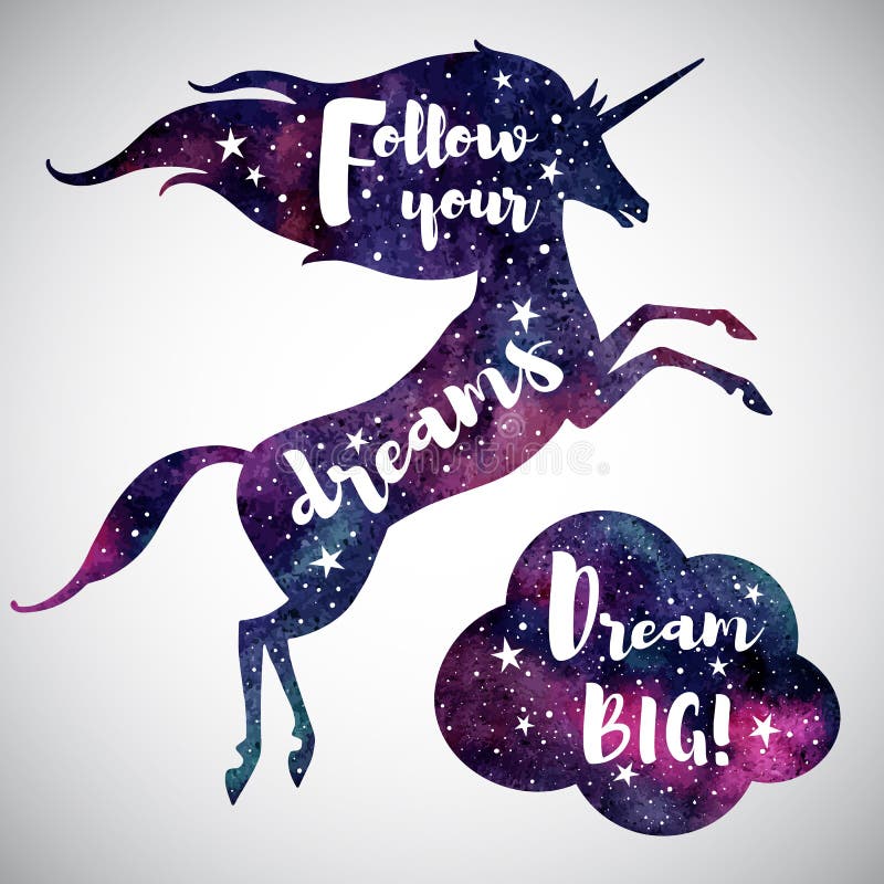 Watercolor unicorn silhouette, cloud and inspiration motivation quotes. Follow your dreams. Dream big lettering. Watercolour night sky, stars. Motivational inspiring illustration for cards, posters. Watercolor unicorn silhouette, cloud and inspiration motivation quotes. Follow your dreams. Dream big lettering. Watercolour night sky, stars. Motivational inspiring illustration for cards, posters.