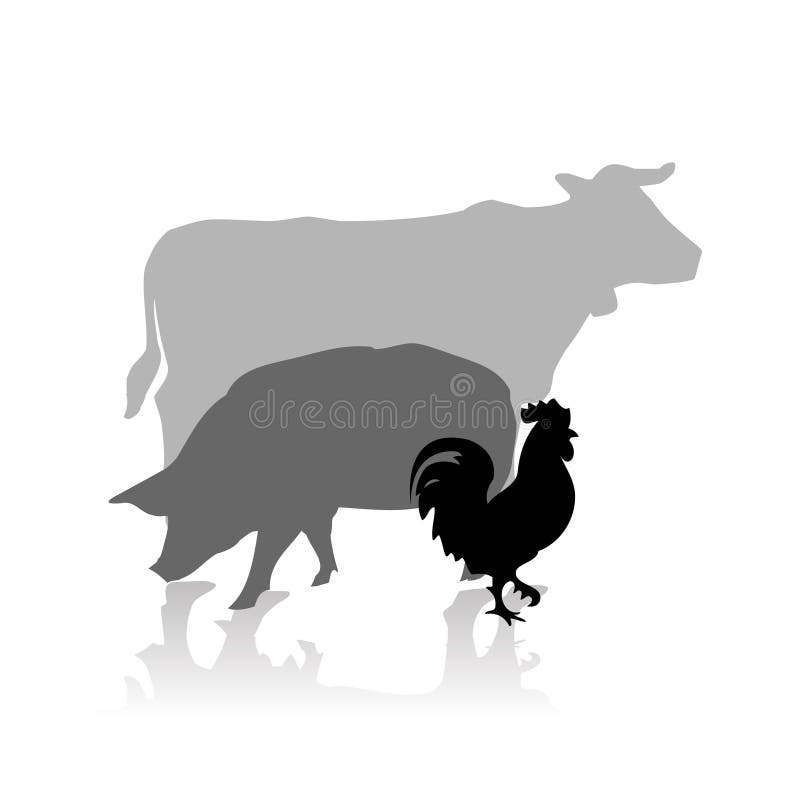 Vectored illustration of common farm animals as cow, pig and rooster. Vectored illustration of common farm animals as cow, pig and rooster
