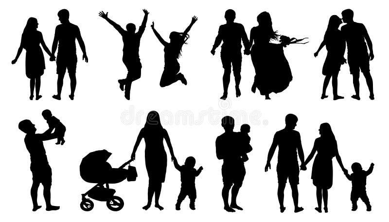 A silhueta dos pares, família com crianças, vetor isolado ajustou-se no fundo branco ilustração stock A silhueta dos pares, família com crianças, vetor isolado ajustou-se no fundo branco ilustração stock