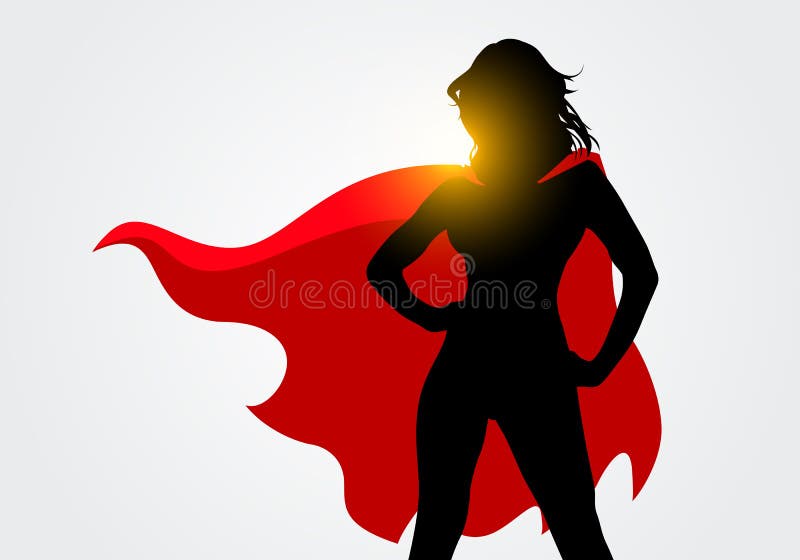 Silhueta fêmea do super-herói da ilustração do vetor com cabo em poses da ação