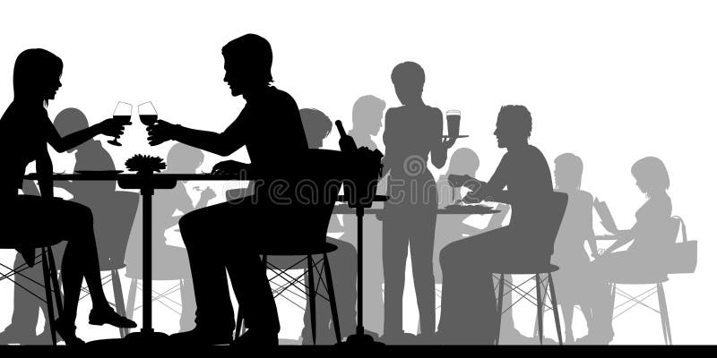 Vector silhouette illustration of people dining in a busy restaurant with all figures as separate objects. Vector silhouette illustration of people dining in a busy restaurant with all figures as separate objects