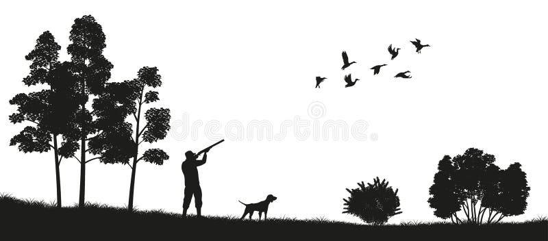 Silhueta preta de um caçador com um cão na caça do pato da floresta Paisagem da natureza selvagem ilustração do vetor Silhueta preta de um caçador com um cão na caça do pato da floresta Paisagem da natureza selvagem ilustração do vetor