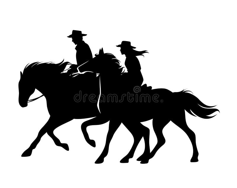 Silhueta preta do vetor dos cavalos de equitação do vaqueiro e da vaqueira ilustração royalty free Silhueta preta do vetor dos cavalos de equitação do vaqueiro e da vaqueira ilustração royalty free