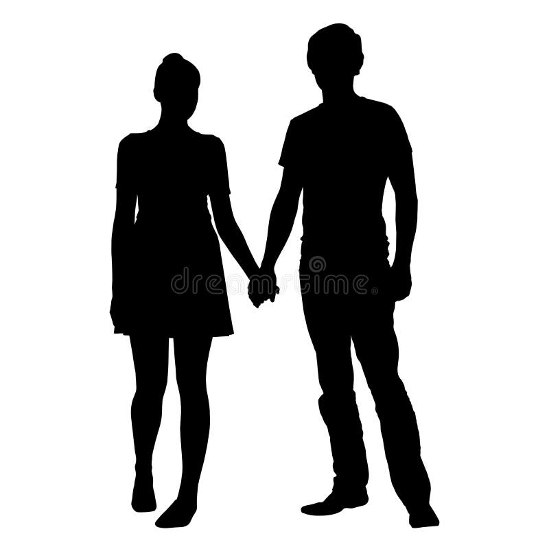 Silhueta realística do homem novo e da mulher que guardam as mãos ilustração stock Silhueta realística do homem novo e da mulher que guardam as mãos ilustração stock