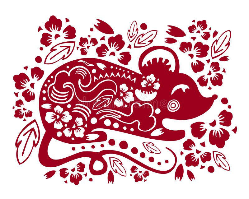 Silhueta tradicional do papercut do vetor com rato estilizado e as flores decorativas Ilustração pelo ano novo chinês 2020 ilustração stock Silhueta tradicional do papercut do vetor com rato estilizado e as flores decorativas Ilustração pelo ano novo chinês 2020 ilustração stock